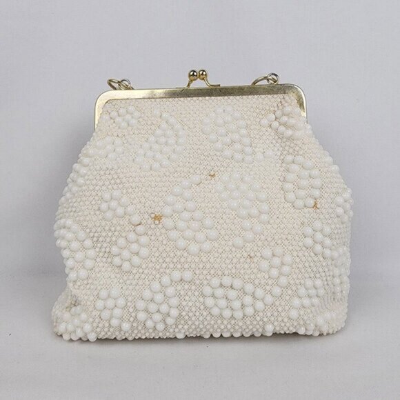 Vintage Hong Kong White Beaded Kiss Close Purse - Picture 3 of 6